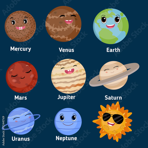 Cartoon smiling planets and sun.