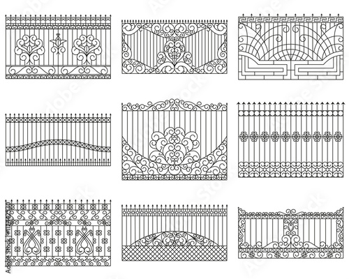 Forged fences set. Linear design. Vector outline illustration isolated on white.