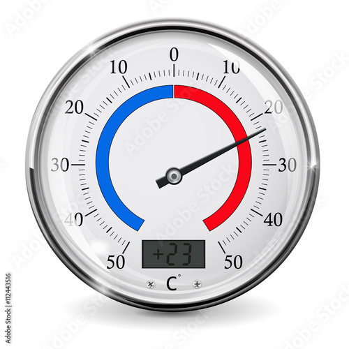 Thermometer. Round outdoor temperature gauge. Warm weather