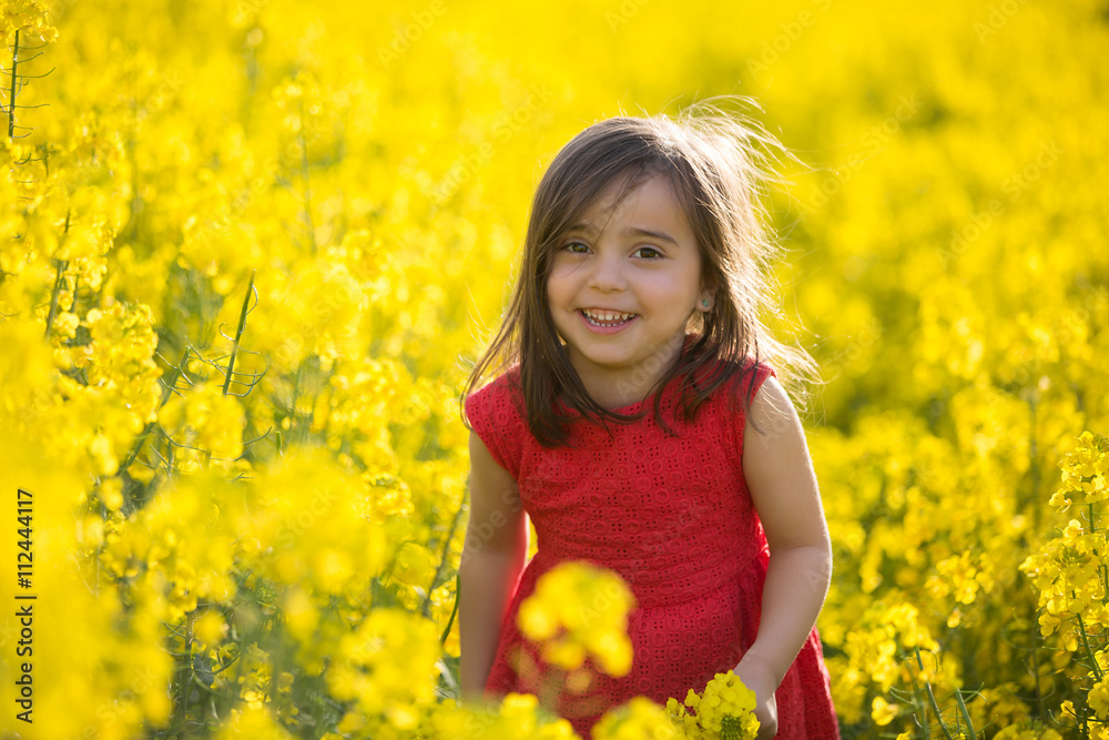 beautiful little girl playing in colza field beautiful little girl playing in colza field