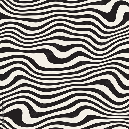 Vector Seamless Black And White Horizontal Wavy Disterted Lines Pattern