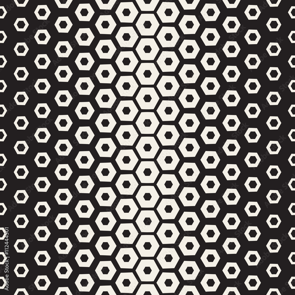 Vector Seamless White And Black Hexagon Halftone Grid Geometric Pattern