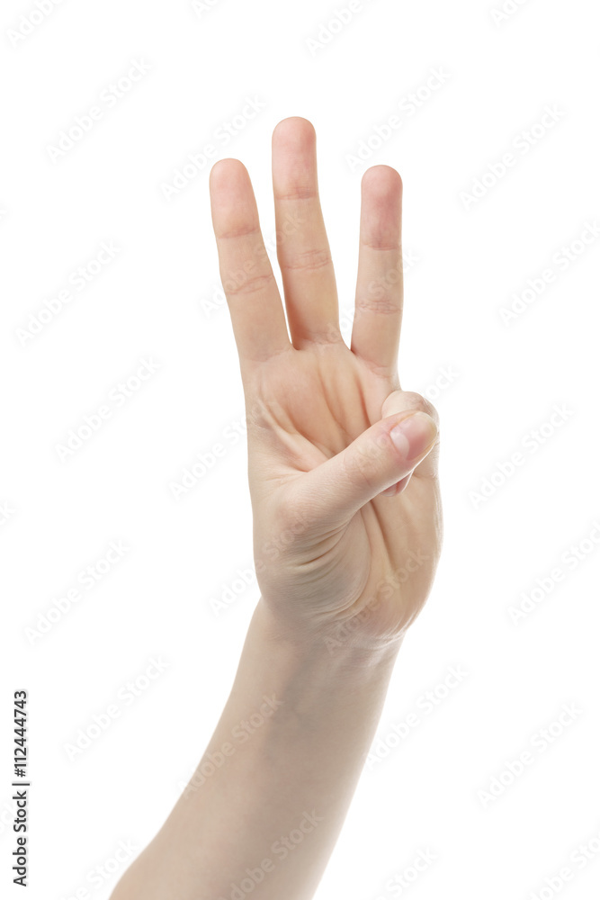 young woman hand count 3, isolated on white backgound young woman hand count 3, isolated on white backgound