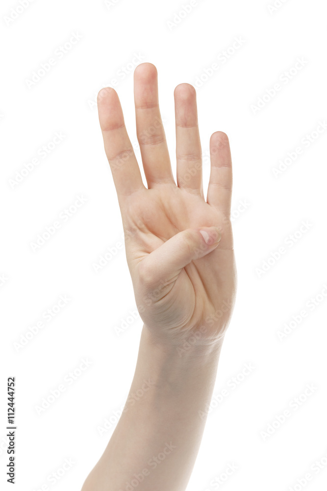 young woman hand count 4, isolated on white backgound young woman hand count 4, isolated on white backgound