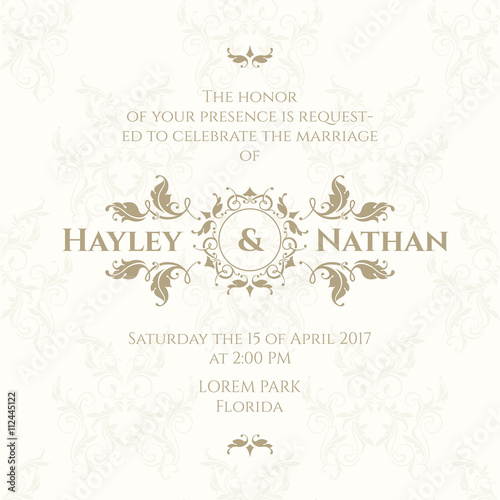 Wedding invitation. Design classic cards. Decorative floral border.