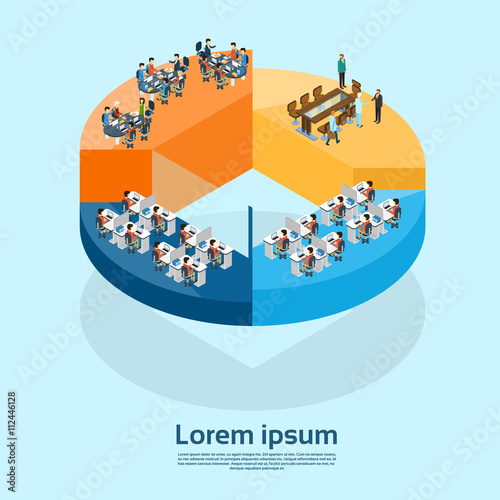Business Office Interior Businesspeople Group On Pie Diagram Teamwork Concept 3d Isometric