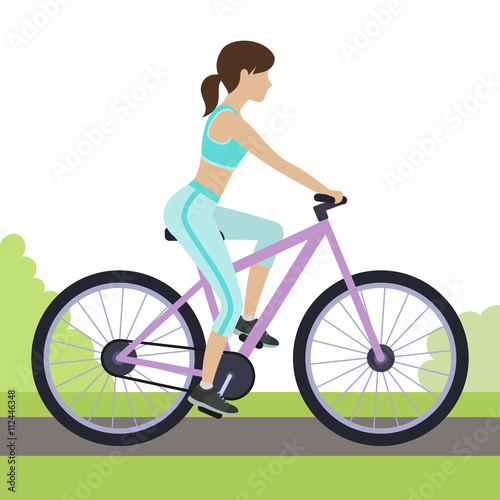 Woman riding a bicycle outdoor. Woman cycling in the park. Vector.