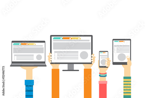 Group Hands Holding Smart Cell Phone Tablet Laptop Computer Monitor, Technology Concept