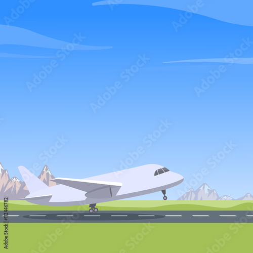 Plane takes off, mountain landscape, blue sky. Vector.