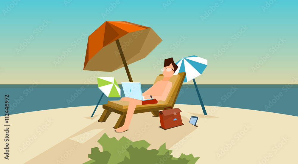 Man Freelance Remote Working Place On Sunbed Using Laptop Beach