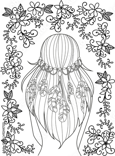 Girl with feathers in her hair and floral pattern, hippie style, line art. Pattern for coloring book for adults. Vector.