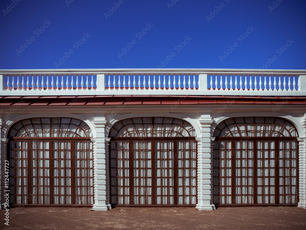 View of wooden wall texture background backed by blue sky View of wooden wall texture background backed by blue sky
