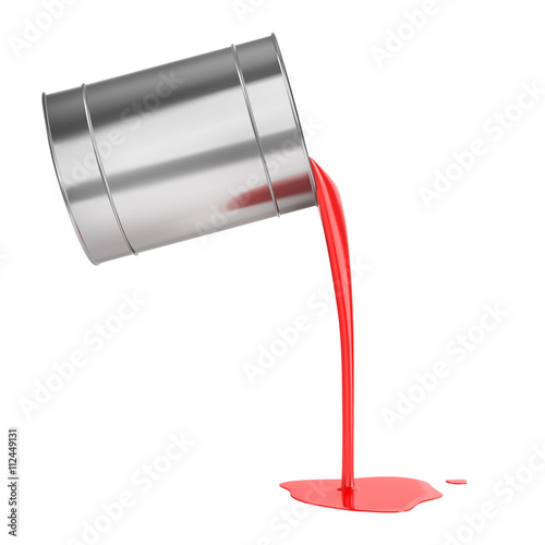 Red liquid paints spouting from can isolated