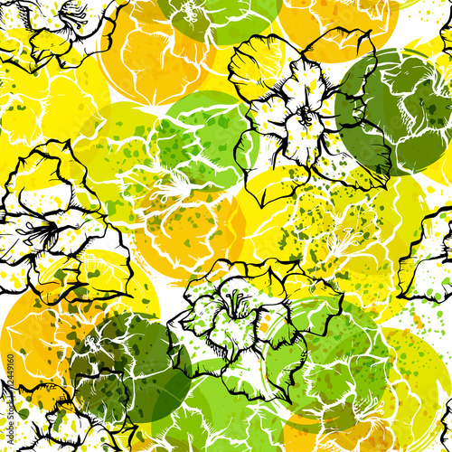Seamless modern floral pattern with gladioli, spots, blots and splashes of paint