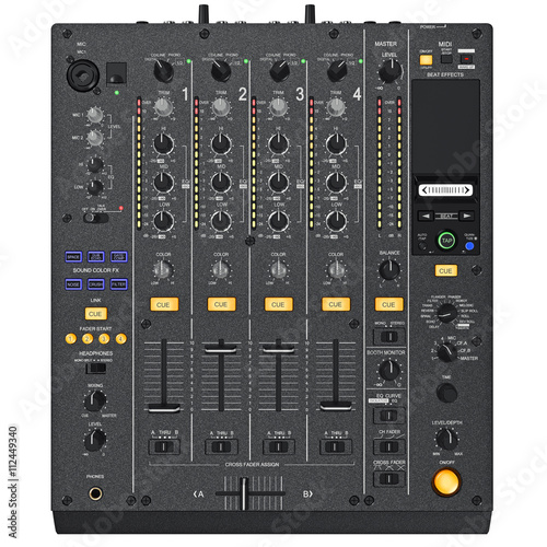Digital dj mixer control panel with the regulators, ports, light bulbs, top view. 3D graphic