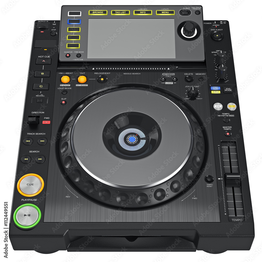 Digital dj music turntable mixer with buttons control parameters. 3D graphic