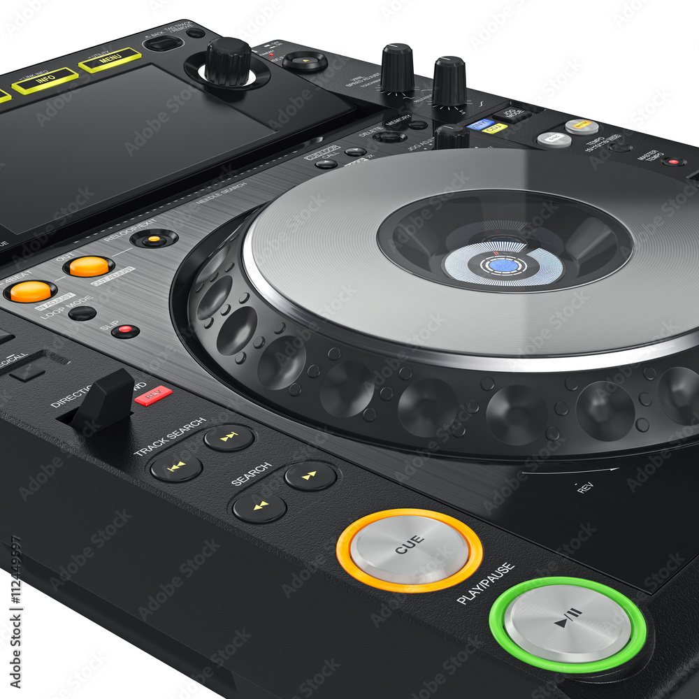 Vedligeholdelse Scan Lull Digital dj music turntable mixer with buttons, close view. 3D graphic Stock  Illustration | Adobe Stock