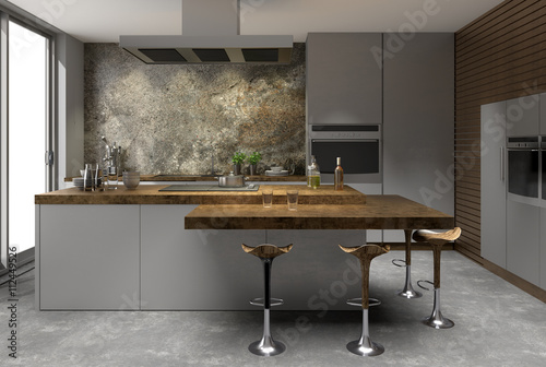 Küche edelstahl edelstahloptik naturstein Holz modern photo