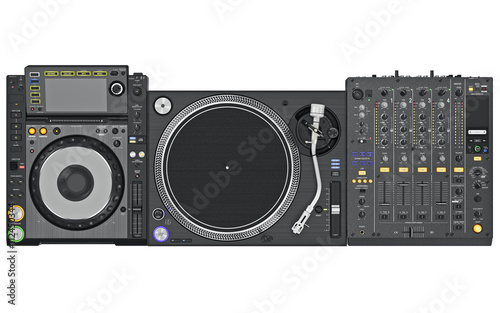 Set dj music mixer table, black professional equipment, top view. 3D graphic