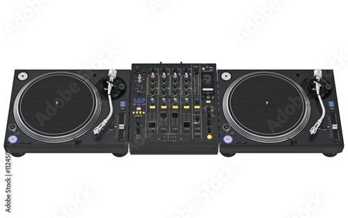 Vinyl player set with table, dj mixer, music equipment. 3D graphic