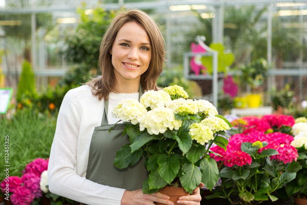 Young attractive woman working at the plants nursery