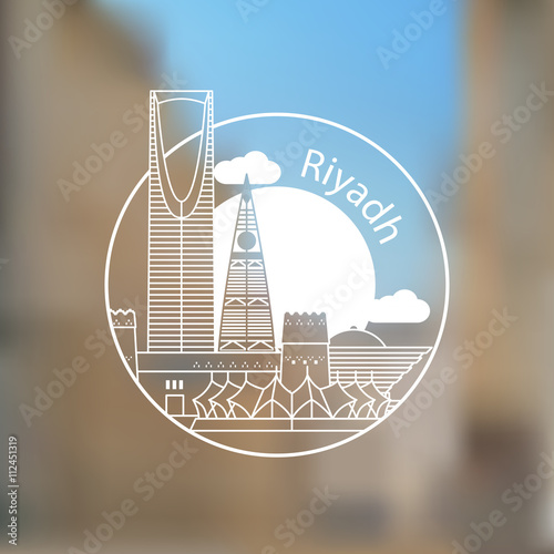 Riyadh linear logo. Trendy stylish landmarks. Masmak Fortress and Kingdom tower - The symbol of Riyadh, Saudi Arabia