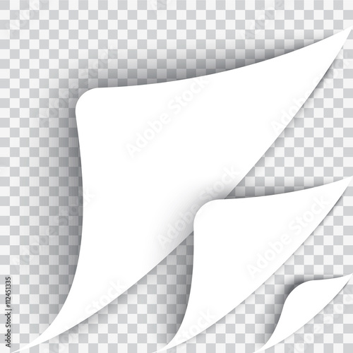The bent page corner. The white sheet on a transparent background. Realistic vector. A set of three kinds.