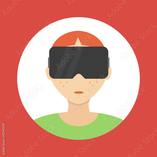 Boy in virtual reality glasses. Flat design icon. VR technology.
