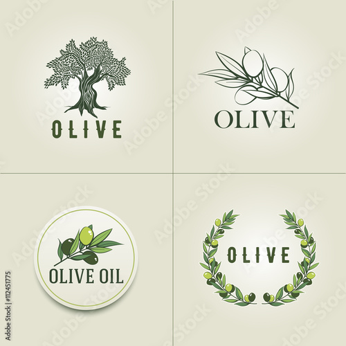 Various Olive logo design templates. Olive branch, olive tree and olive branch wreath illustration.