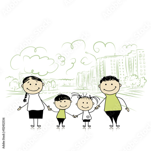 Happy family in the city. Sketch for your design