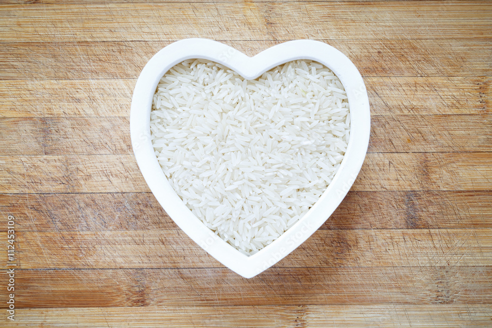 White rice in heart shape bowl White rice in heart shape bowl
