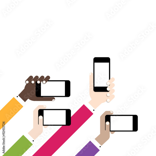Hands hold smart phones, flat design