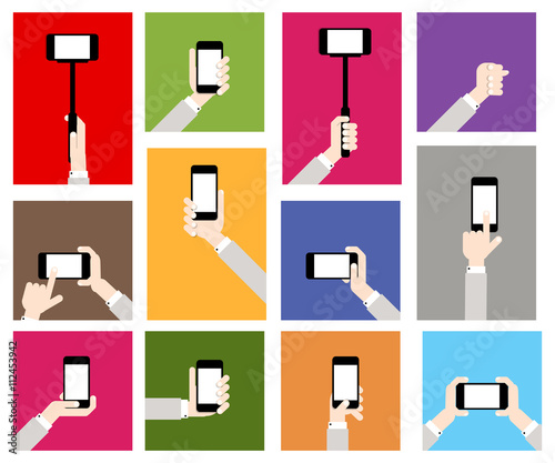 Hands hold smart phones, flat design