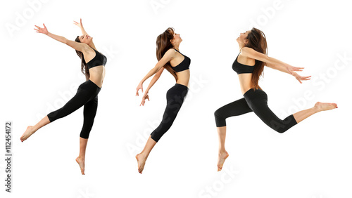 Young sporty woman jumping isolated on white. Collage