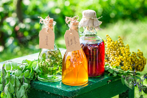 Healing herbs in bottles as homemade cure in garden