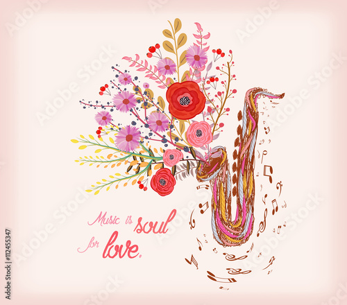 Music is soul for love. Saxophone and watercolor flower