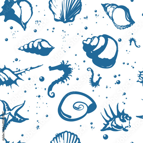 Vector seamless pattern illustration. Beautiful shells. Blue on white background.