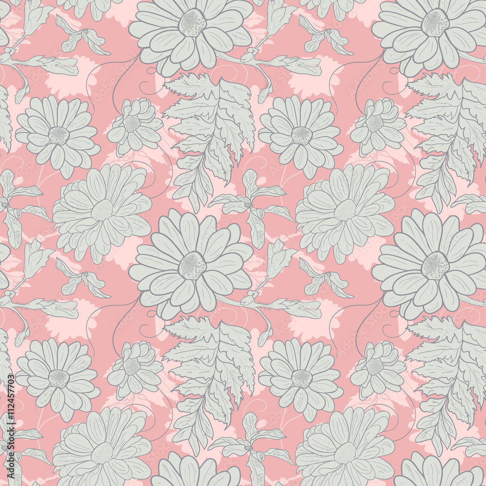 Camomile hand-drawn seamless pattern. Vector illustration for textile, surface, web, mobile and print. Camomile on pink background.