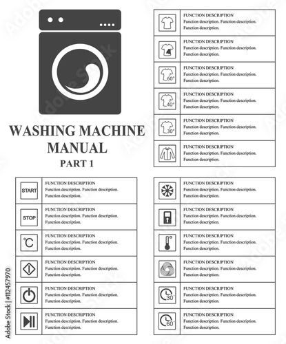 Oven manual symbols. Part 1 Instructions. Signs and symbols for washing machine exploitation manual. Instructions and function description. Vector isolated illustration.