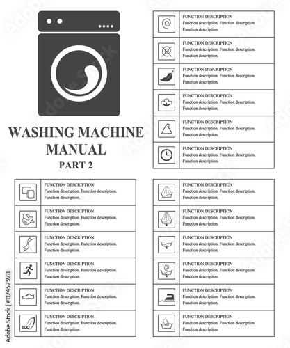 Oven manual symbols. Part 2 Instructions. Signs and symbols for washing machine exploitation manual. Instructions and function description. Vector isolated illustration.