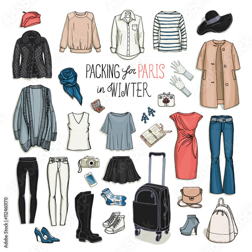 Vector illustration of packing for Paris in winter. Sketch of clothes and accessories for design. Female fashion collection set. Winter travel luggage.