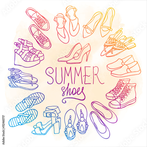 Vector illustration of female shoes, boots set. Hand-drown footwear illustrations. Watercolor summer color fashion collection.