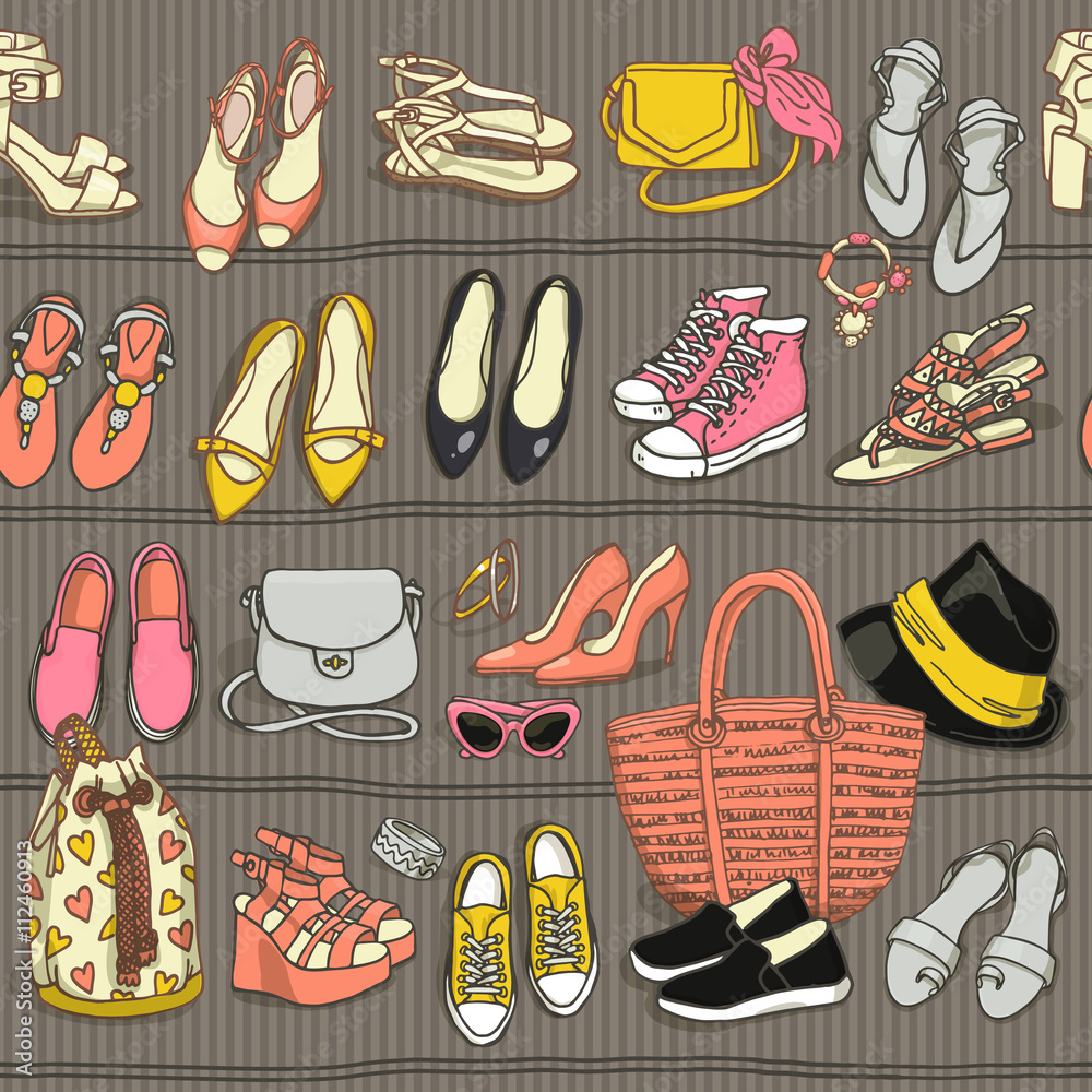 Hand drawn vector seamless pattern of shoes bags and female fashion accessories in retro style