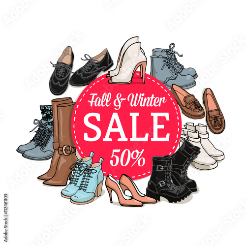 Vector illustration of female shoes and bags sale banner. Hand-drown fashion objects illustrations. Fall winter fashion collection