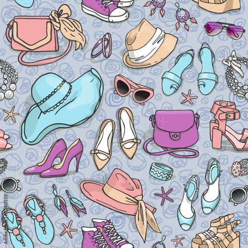 Hand drawn vector seamless pattern of shoes bags and female fashion accessories
