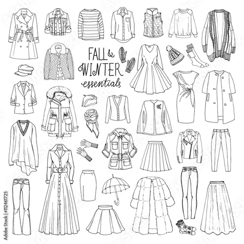 Vector illustration of woman fall and winter fashion collection of clothes. Hand-drown objects sketch with coats, dresses, skirts, jacket, trousers, hats, gloves, socks. .Black and white set.