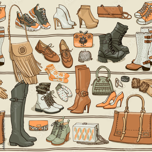 Hand drawn vector seamless pattern of shoes bags and female fashion accessories. Side view coollection on shelf. Can use for print, web, fabric, wallpaper.