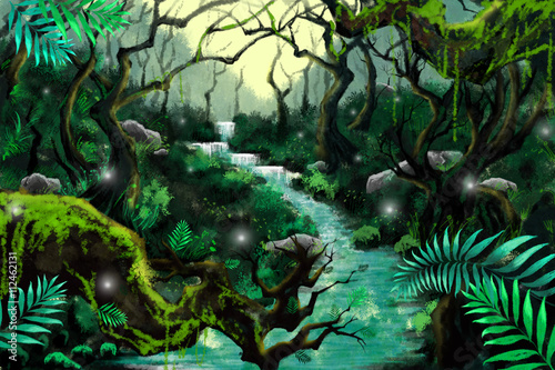 Watercolor Style Digital Artwork: Mystery River Forest. Realistic Fantastic Cartoon Style Character, Background, Wallpaper, Story, Card Design