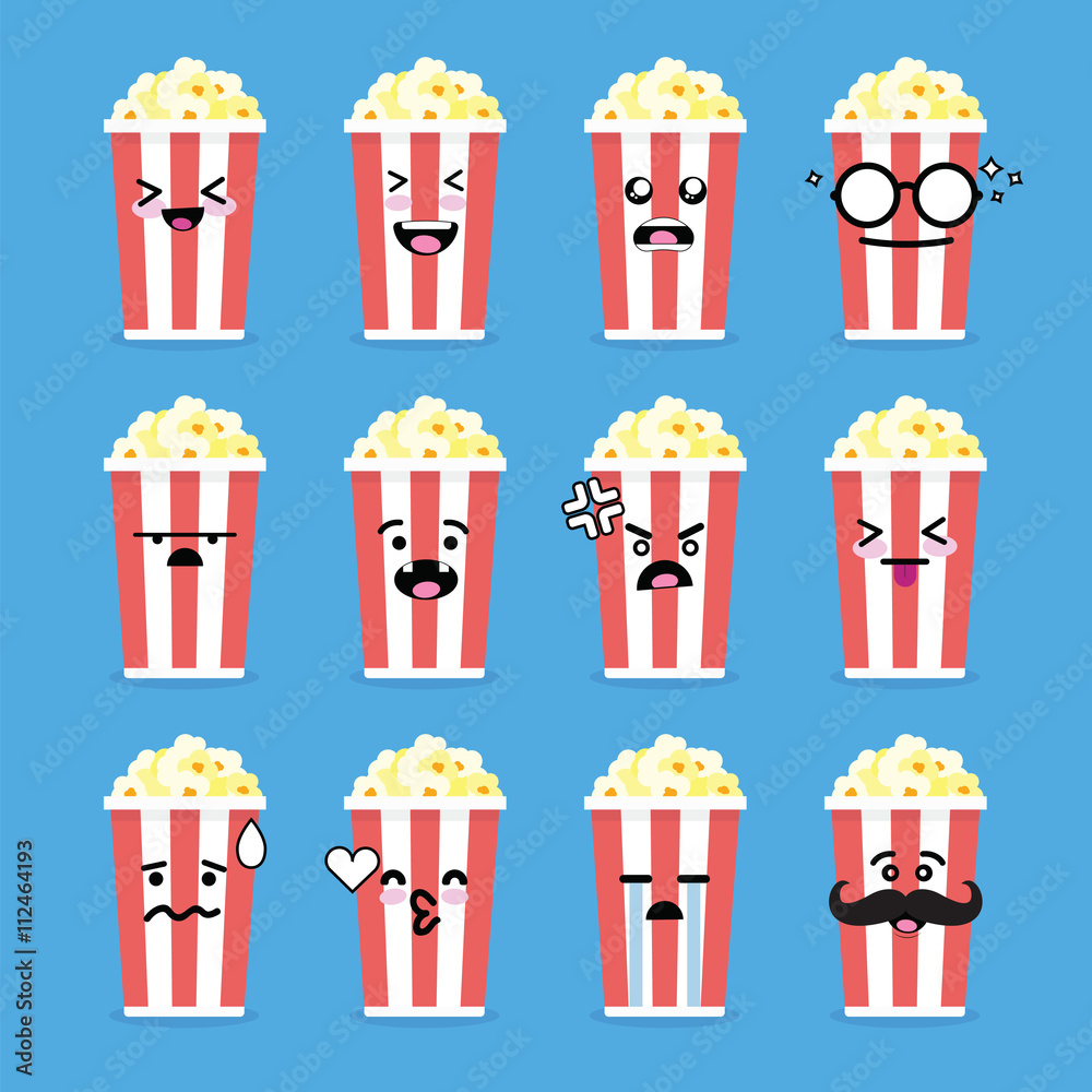 Smilies emoji emoticon face in popcorn with a lot of variation Stock