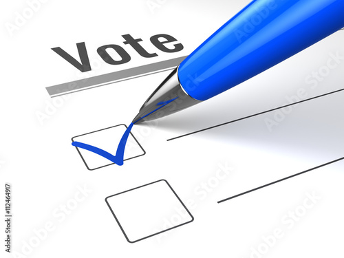 Blue pen and check mark on vote checkbox. Vote concept. 3d render